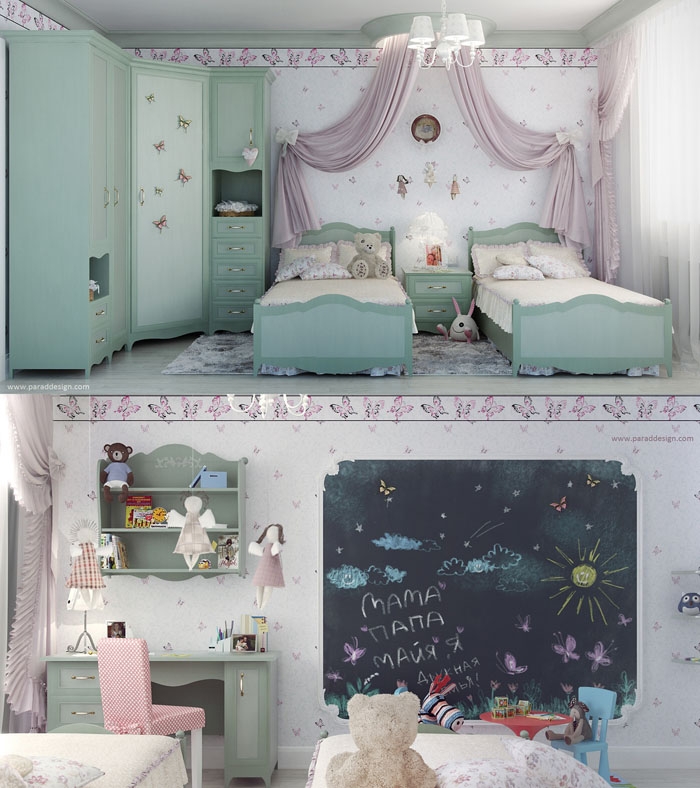 Фото интерьера комнаты для двух девочек в пастельных тонах