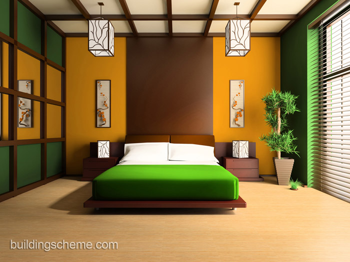 Зелёный цвет в дизайне спальни в японском стиле