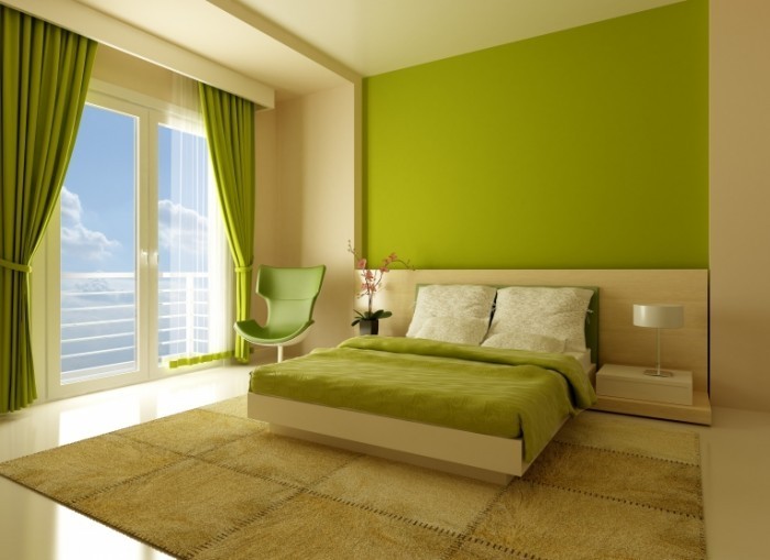 Классическая спальня в бежевых и зелёных тонах