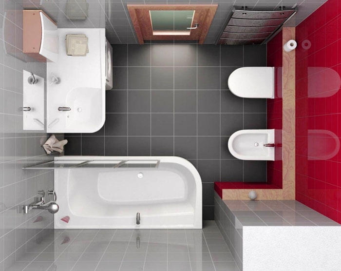 Пример расположения сантехники при дизайне ванной комнаты площадью 5 кв. м