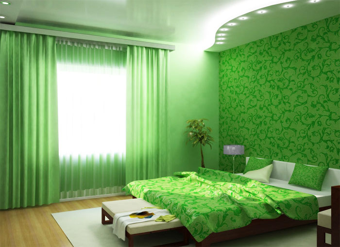 Использование зелёного цвета в интерьере спальни