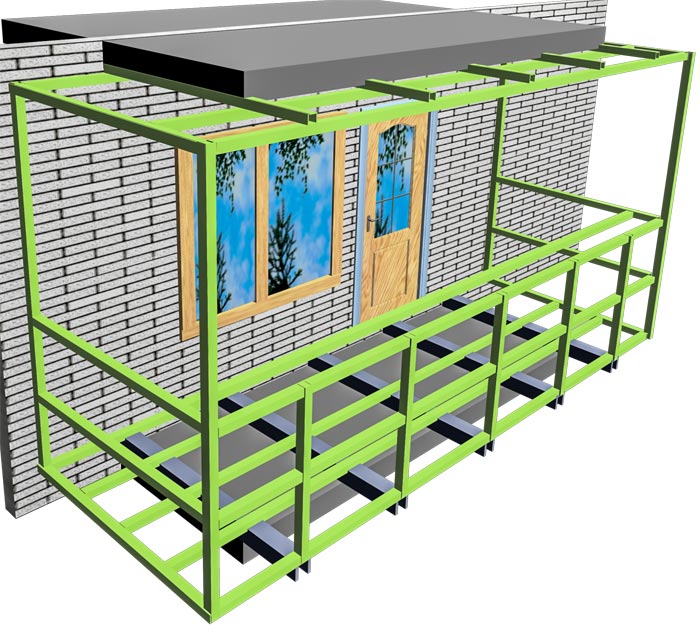 Схема одного из вариантов каркаса при расширении балкона по железобетонной плите