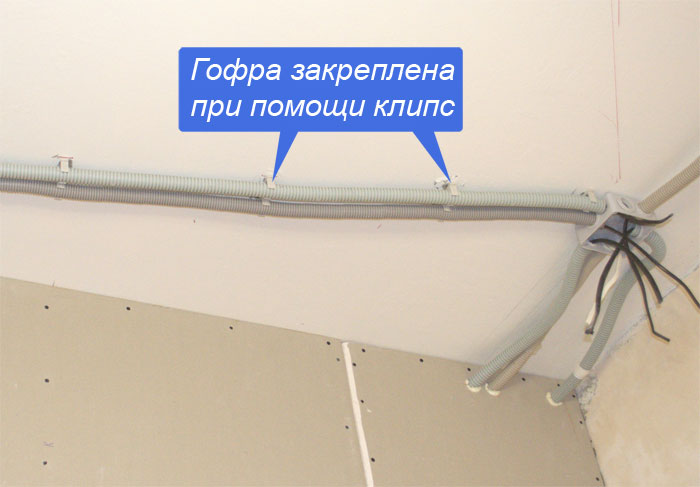 Пример крепления кабеля в гофре при помощи клипс
