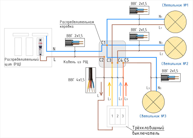 Схема подключения трёхклавишного выключателя. Как соединить провода в распределительной коробке