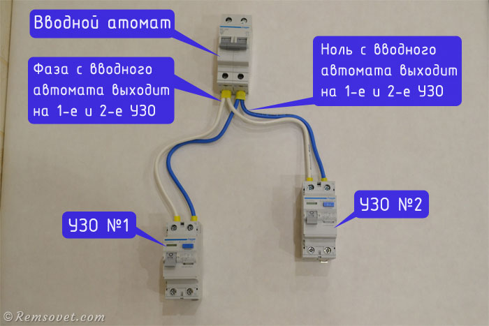 Пример подключения двух УЗО от вводного автомата, фото