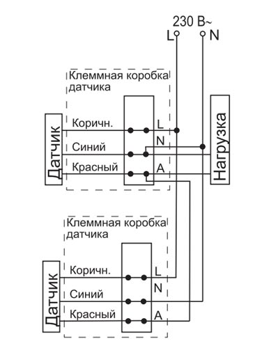Схема параллельного подключения датчиков движения на примере ДД-024 IEK