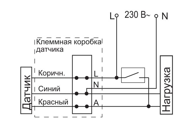 Схема с постоянным подключением нагрузки, схема подключения датчика движения IEK через выключатель