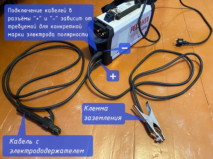 Схема подключения кабеля с электрододержателем и клеммой заземления к сварочному инвертору, полярность подключения кабелей к сварочному аппарату, пример подключения кабелей к силовым клеммам + и -