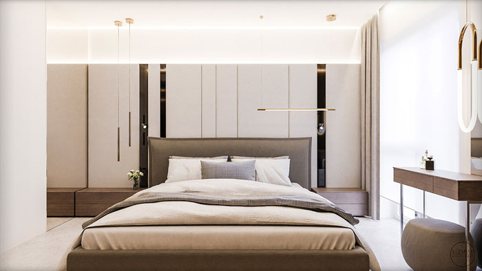 Бежевая спальня в стиле хай-тек, фото интерьера