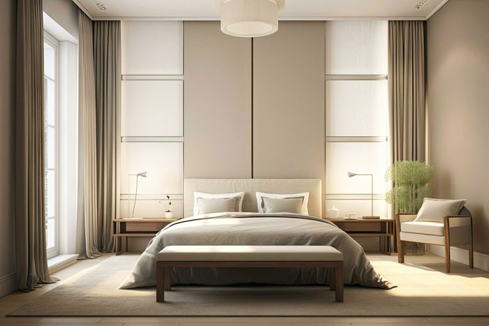 Бежевая спальня в стиле минимализм, интерьер спальни в стиле минимализм в бежевом цвете