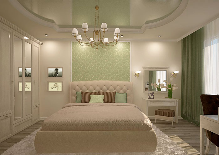 Зелёные шторы в бежевой спальне пример сочетания