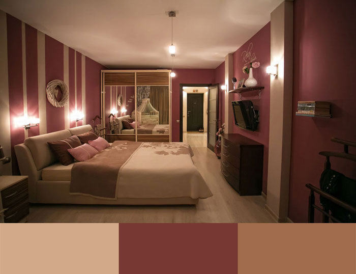 Сочетание бежевого и бордового цвета в интерьере спальни, бежевый, бордовый