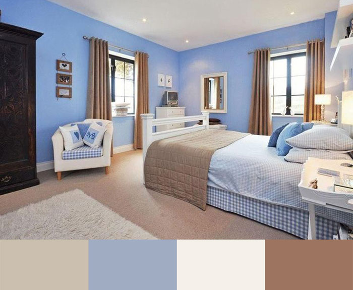 Сочетание бежевого и голубого цвета в интерьере спальни, пример фото