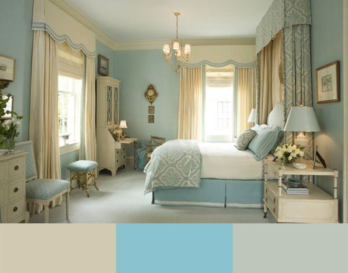 Сочетание бежевого и голубого цвета в интерьере спальни, бежевый + голубой фото интерьера