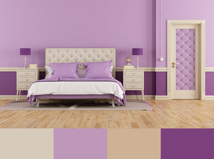 Сочетание бежевого и сиреневого цвета в интерьере спальни, бежевый + сиреневый, бежевый + лиловый, сиреневые стены в дизайне комнаты