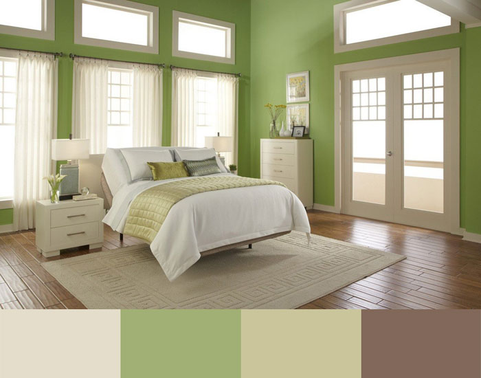 Сочетание, комбинирование бежевого и зелёного цвета в дизайне интерьера спальни