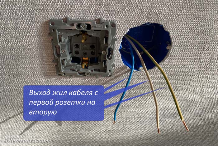 Блок подрозетников, подключение розеток шлейфом, вывод кабеля через подрозетник, вывод кабеля через отверстия между подрозетниками при подключении шлейфом